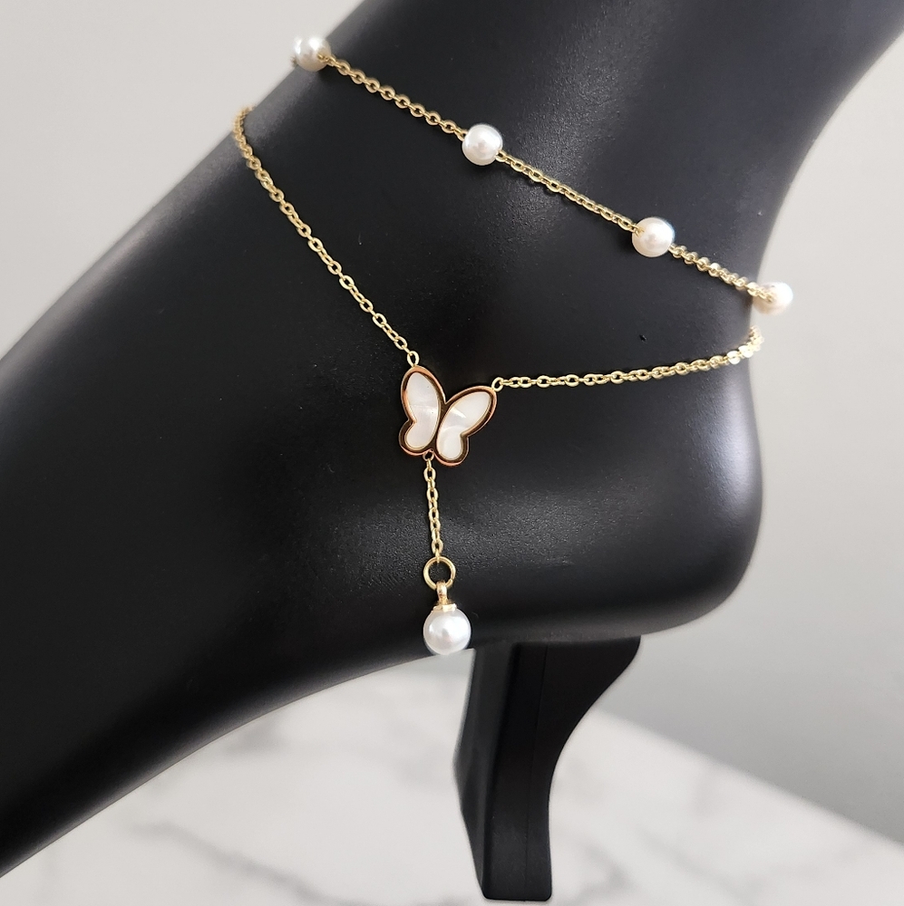 Gold Plated Butterfly Artificial Pearl Layered Design Anklet - Picture 6 of 13